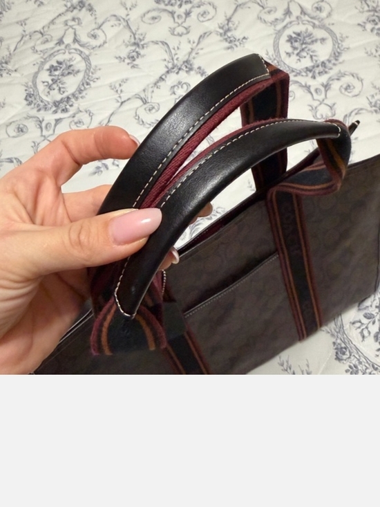 Coach Signature Canvas Large Tote in Brown with Maroon-Trim Straps - Picture 8 of 12